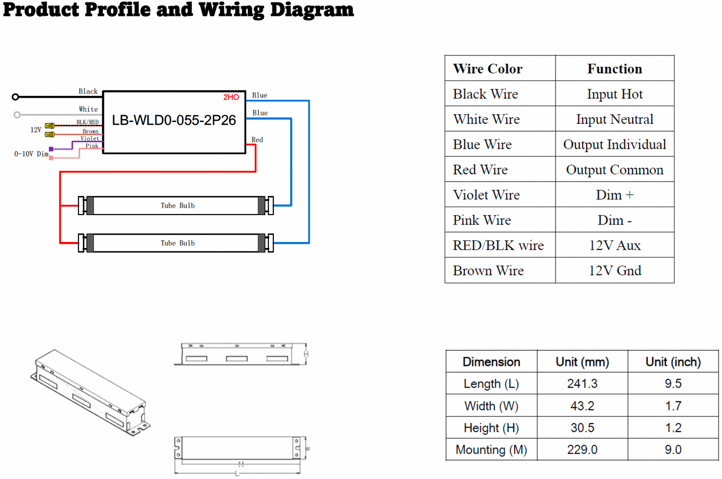 Wiring diagram and product dimensions for LB-WLD0-055-2P26 with color-coded wires and functions.