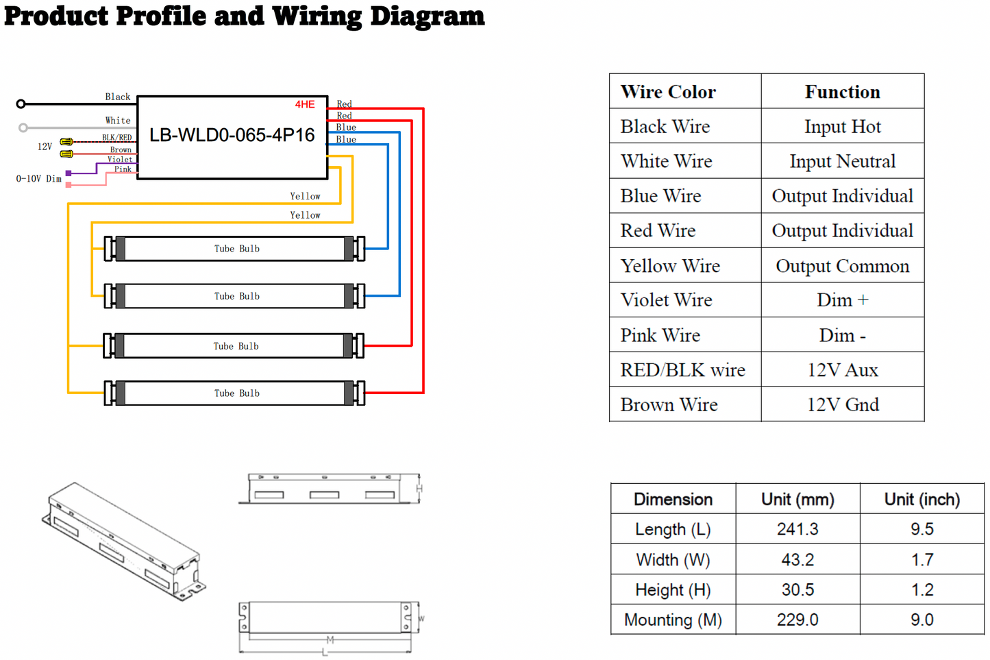 Wiring diagram and product profile for LB-WLD0-065-4P16 with color-coded wires and dimensions.