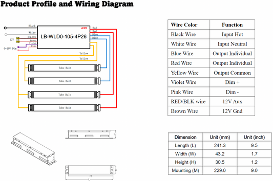 Wiring diagram and product profile for LB-WLDD-105-4P26 with wire color functions and dimensions.