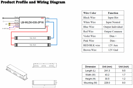 Wiring diagram and product profile for LB-WLD0-035-2P16 with color-coded wires and dimensions.