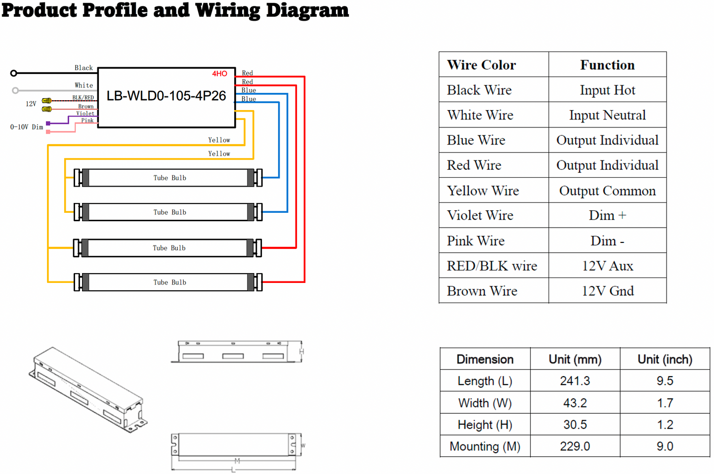 Wiring diagram and product profile for LB-WLDD-105-4P26 with wire color functions and dimensions.