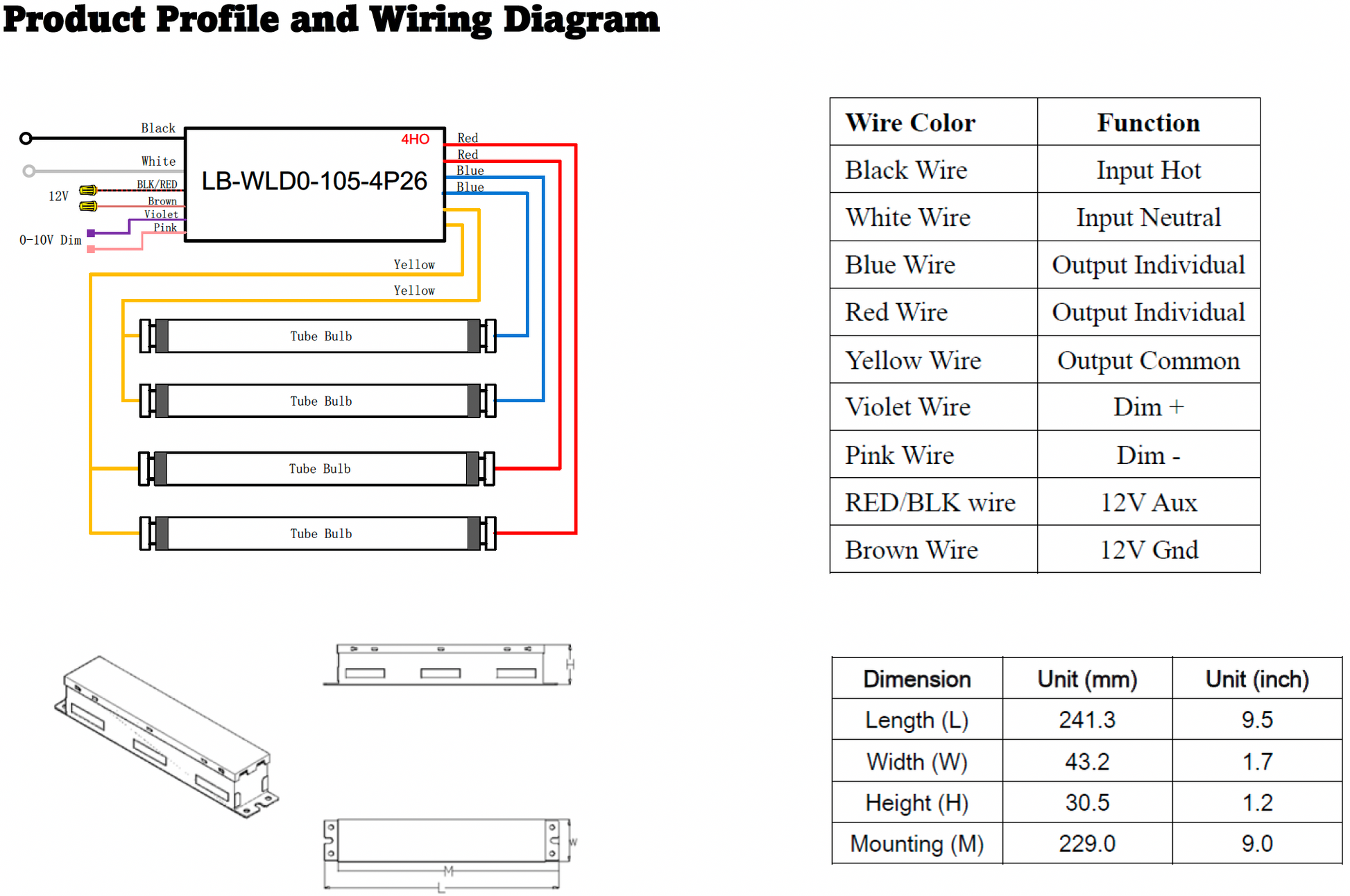 Wiring diagram and product profile for LB-WLDD-105-4P26 with wire color functions and dimensions.